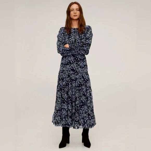 Mango Matching Set! XS/S Maxi Skirt + Blouse- Black Tiered- Purple Floral Print - Picture 1 of 14